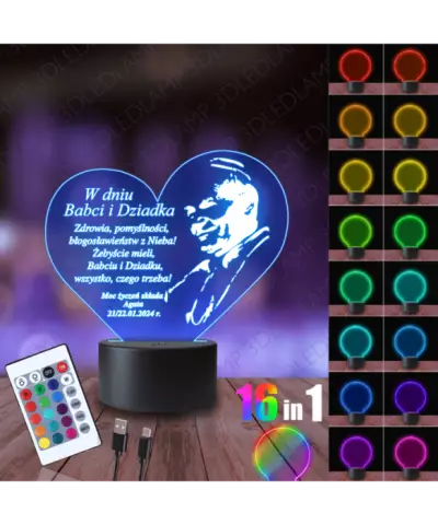Lampka Nocna 3D LED Lamp Prezent na Dzień Babci i Dziadka Papież